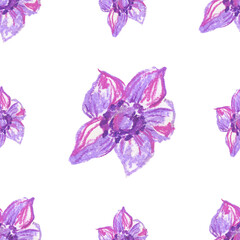 Purple and blue flowers wax crayons seamless pattern on white isolated background. Textural and botanical repeating pattern. Design for textiles, wrapping paper and wallpaper.