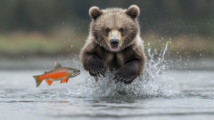Obraz premium Grizzly Bear Cub Catching Salmon Fish in River