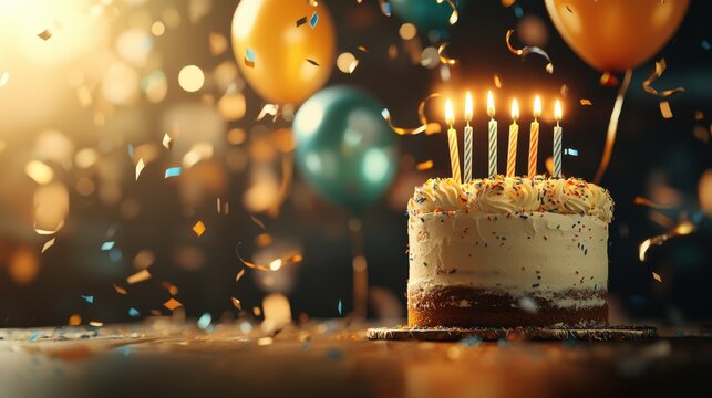 Celebratory Fun: Vibrant Balloons, Streamers, and Birthday Cake with Glowing Candles in Confetti Shower