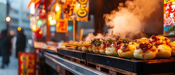 Obraz premium Delicious street food sizzling at a vibrant night market with steam and colorful lights.