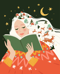 Christmas and Happy New Year illustration with cute woman reading book. Trendy retro style. Vector design template.
