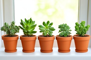 Fototapeta premium A series of potted plants arranged by size, from tiny sprouts to fully grown flowers, in a sunny windowsill