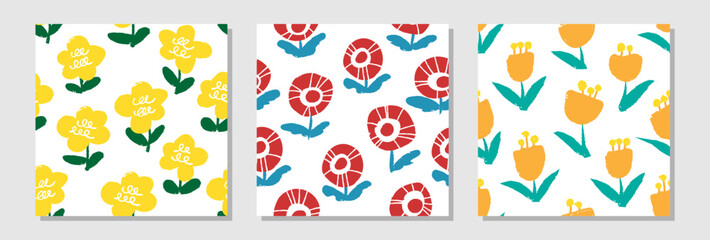 Set of three seamless hand drawn flower patterns