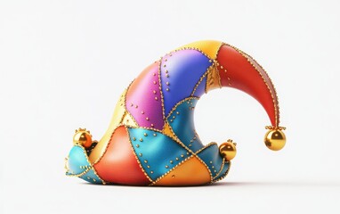 A whimsical 3D-rendered cartoon jester hat in bright, vivid colors, featuring curved points with gold bells. 