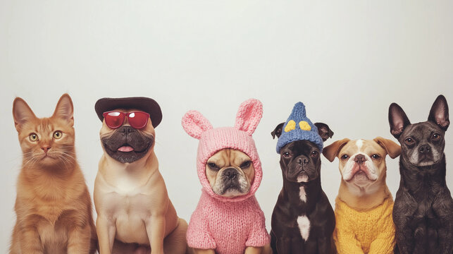 Sechs s&uuml;&szlig;e Hunde in farbenfrohen Outfits und Accessoires

