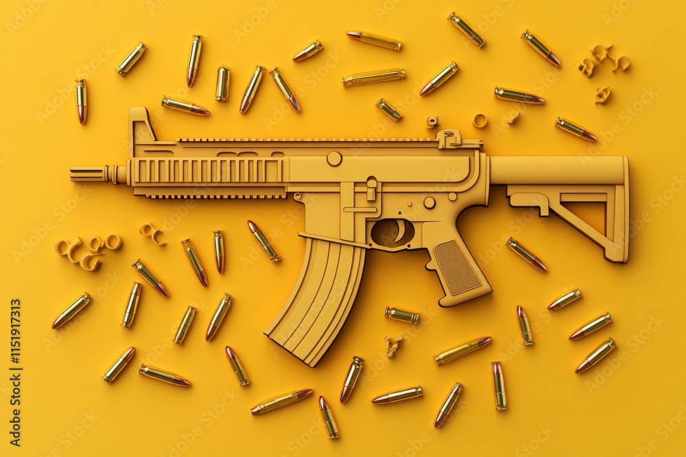 Poster a simple 2d illustration of a rifle lying flat, surrounded by scattered bullets, drawn in clean line