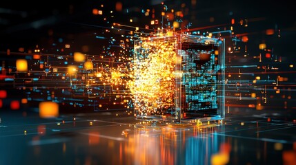 Fototapeta premium Data Explosion - Abstract Numbers and Streams Bursting from Metallic Box