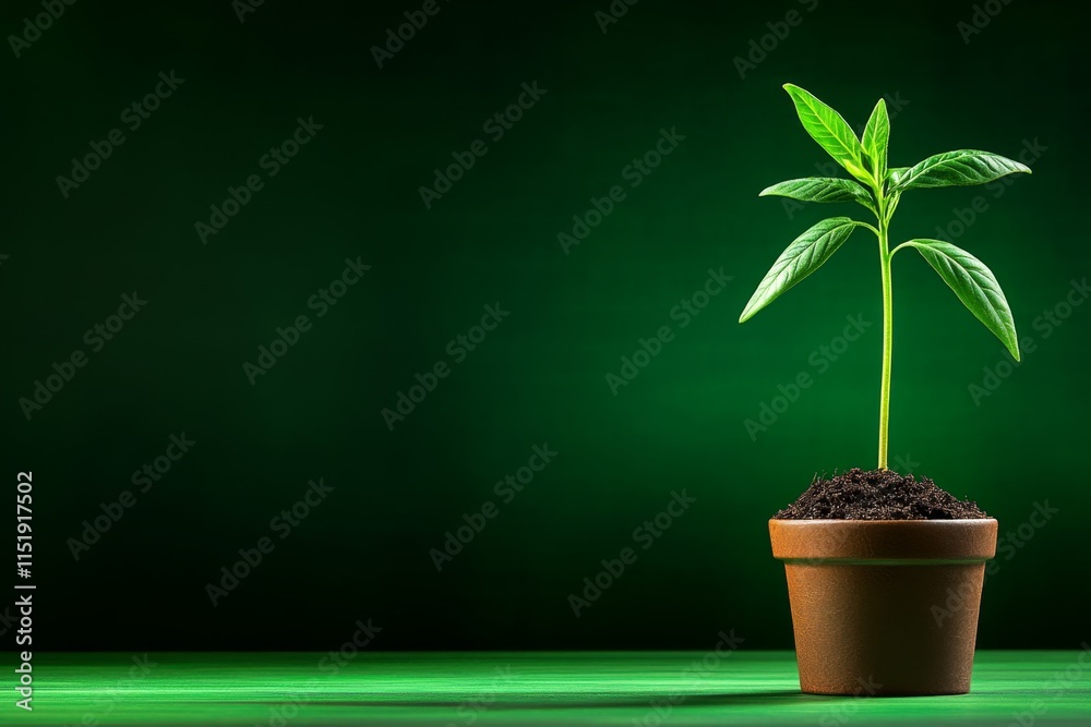 Poster a simple illustration of a seedling growing out of the soil, with clean lines and a green gradient b