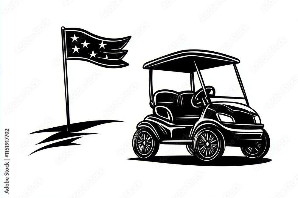 Poster a sleek icon-like design of a golf cart and a flag, with simple shapes and a monochromatic color pal
