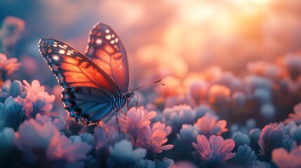 Butterfly on flowers at sunset.