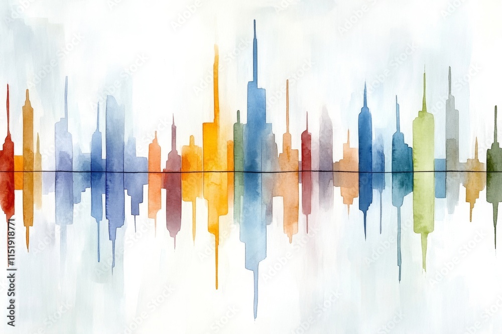 Poster A soft watercolor painting of a graph with colorful bars and a rising arrow, blending seamlessly into a dreamy abstract background