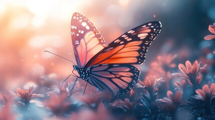 Obraz premium Monarch butterfly on flowers at sunset.