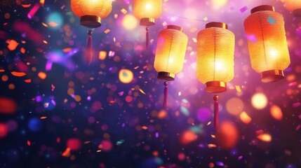 Obraz premium Vibrant festival scene with luminous lanterns, cascading confetti, and a joyful atmosphere perfect for celebrations and events