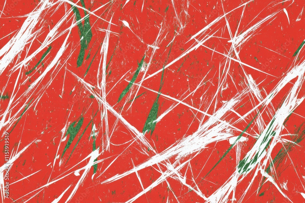 Poster dynamic red background with chaotic white and green strokes creating an abstract pattern
