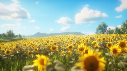Vibrant sunflower field basking in sunlight, expansive blue sky overhead, summer warmth enveloping the landscape, nature's cheerful display