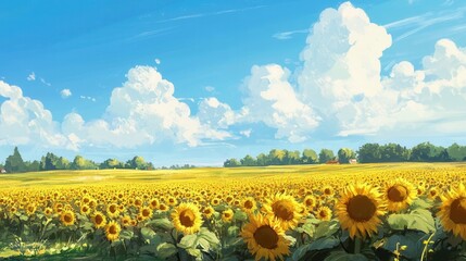 Vibrant sunflower field basking in sunlight, expansive blue sky overhead, summer warmth enveloping the scene, nature's radiant beauty on display