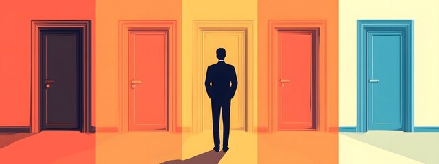A man stands in front of an open door, and behind him stand three closed doors.