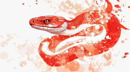 Obraz premium This ethereal vector illustration features a vibrant red snake surrounded by soft, pastel watercolor splashes, creating a dreamy and artistic atmosphere.