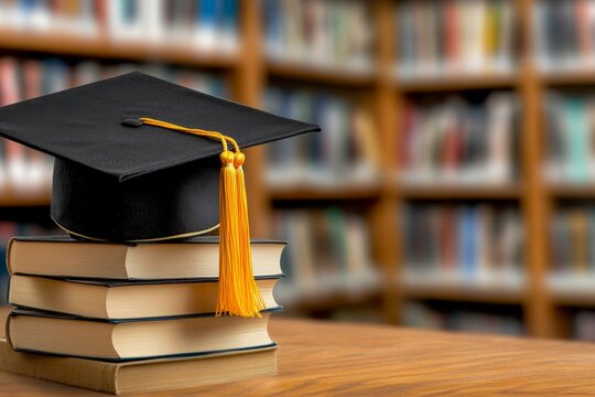 A stack of graduation caps in a bookstore, surrounded by shelves of academic books, ready for a commencement ceremony
