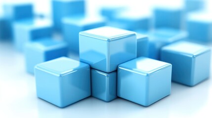 Obraz premium Abstract Composition of Shiny Blue Cubes: A 3D Render of Geometric Shapes, Representing Structure, Unity, and Design.