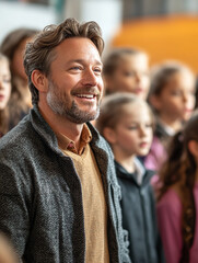Obraz premium Smiling man enjoys performance with children at event