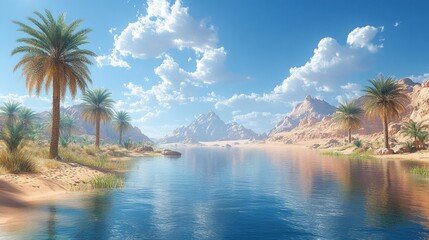 Oasis landscape with palm trees, mountains, and calm blue water under sunny sky.