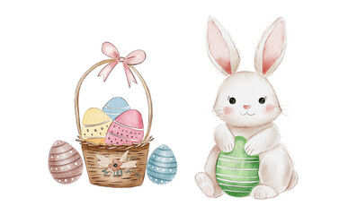 Cute Watercolor rabbit Easter eggs hand paint,Cartoon Bunny isolated on white background
