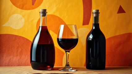 A still life with two wine bottles and a glass of red wine on a textured background.