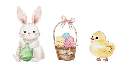 Cute Watercolor rabbit Easter eggs hand paint,Cartoon Bunny isolated on white background