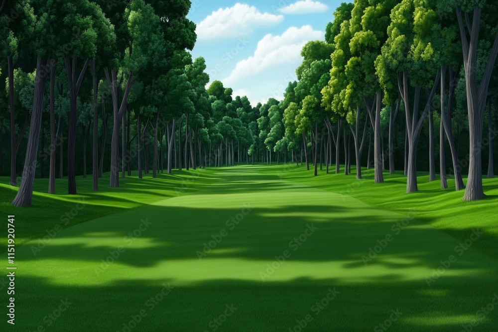 Poster A tranquil golf course set in a forest clearing, with tall trees creating dappled light across the fairways