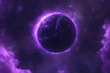 Vibrant Cosmic Scene Featuring a Dark Sphere Surrounded by Ethereal Purple Clouds and Sparkling Stars Against a Mysterious Space Background