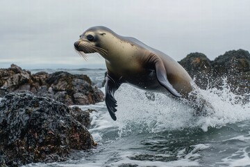 Sea lion leaps gracefully from rocks into the ocean water in coastal habitat