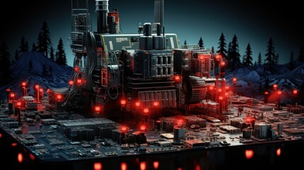 Obraz premium Cyberpunk Mountaintop Machinery: A Futuristic Digital Landscape