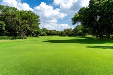 Obraz premium A tranquil golf course set in a forest clearing, with tall trees creating dappled light across the fairways