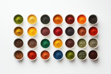 Colorful Array of Spices in Small Bowls Offering a Vibrant Palette of Natural Ingredients for Culinary and Decorative Use in Food Photography and Cooking Styles