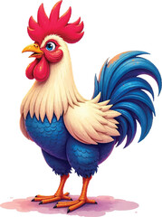 Watercolor vector of a cartoon rooster animation, isolated on a white background, eps.
