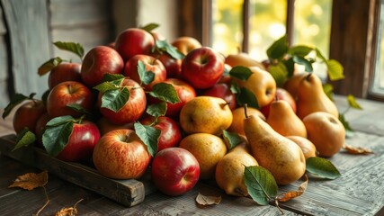 A rustic wooden table holds a bountiful harvest of ripe red apples and golden pears, surrounded by vibrant green leaves.