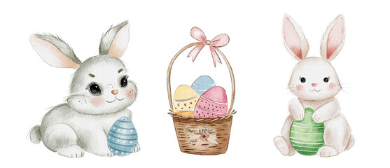 Cute Watercolor rabbit Easter eggs hand paint,Cartoon Bunny isolated on white background