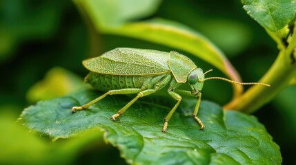 Hidden insect camouflaged on green leaves, leaving room in the frame for text or design elements.