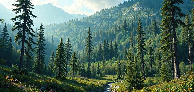 The vast expanse of a Canadian wilderness with towering trees and lush vegetation, wilderness, trees