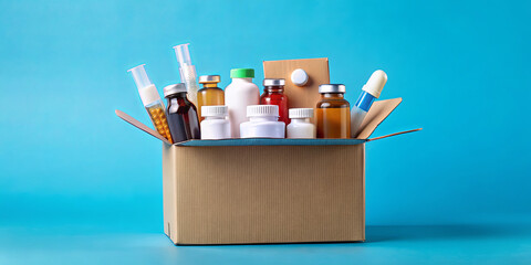 A cardboard box filled with an assortment of medication bottles, syringes, and various containers is displayed against a vibrant blue background