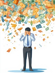 Fototapeta premium A businessman overwhelmed by falling money, representing financial stress or success.