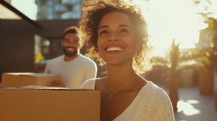 A young couple carries moving boxes with joy as they transition into their new home.