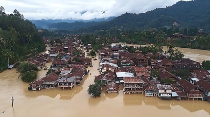 Floodwaters inundate a village nestled in a valley, houses partially submerged.