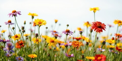 A vibrant tapestry of colorful wildflowers, each bloom a delicate brushstroke against the soft backdrop of a clear blue sky.