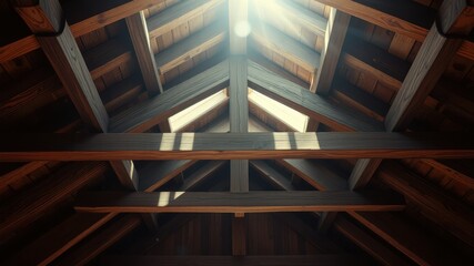 Fototapeta premium Sunlight streams through a complex network of wooden beams, creating a geometric pattern of light and shadow in the attic space.