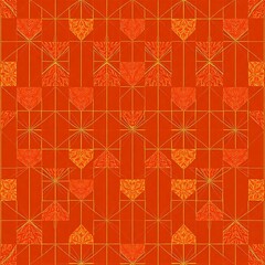 Geometric Red and Gold Seamless Pattern: A captivating red backdrop with intricate golden geometric patterns, creating a striking visual that evokes a sense of luxury and sophistication.