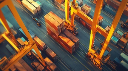 Dynamic shipping container terminal, efficient cargo loading and unloading, synchronized workforce, bustling logistics hub