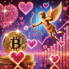 Celebrate Valentine's Day with Love and Technology! Bitcoin Sparks Heart, AI Cupid Shoots Arrow of Love, Cryptocurrency Growth Chart, The Perfect Mix of Romance, Wealth and Innovation
