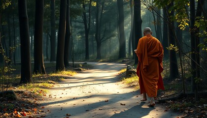 Serene Monk Walking on Forest Path - Peaceful Buddhist Meditation Image